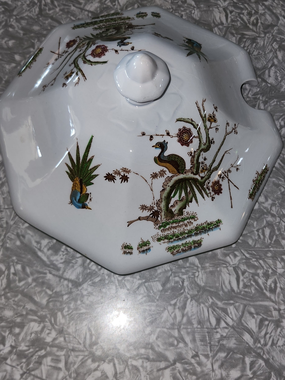 Wedgwood White Covered Serving Dish with Green, Brown and Blue Peacock Motif